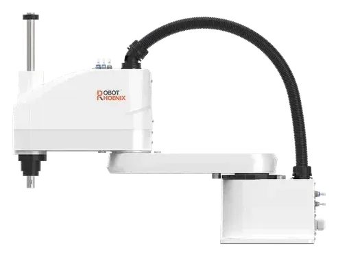 白い機体に黒いケーブルが弧を描く SCARA ロボット